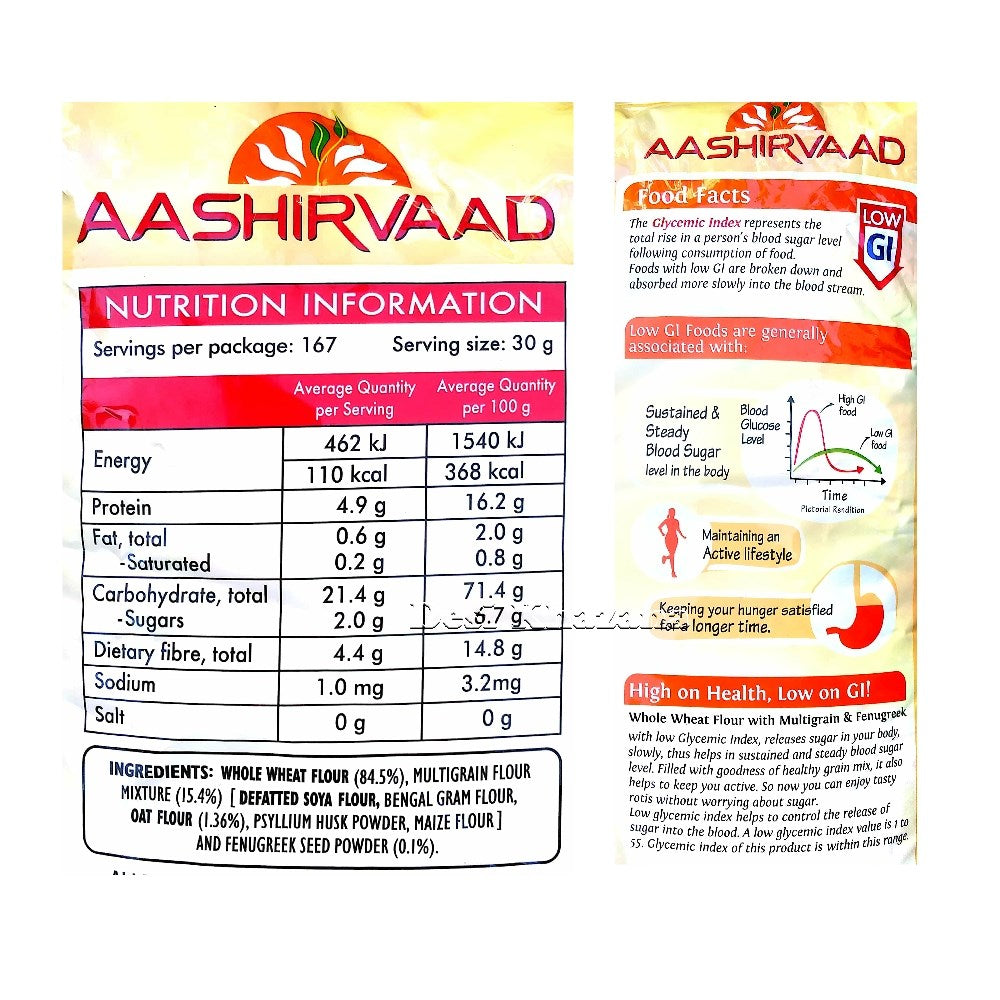 Aashirvaad Whole Wheat Atta Low GI 5 Kg - Desi Khazana