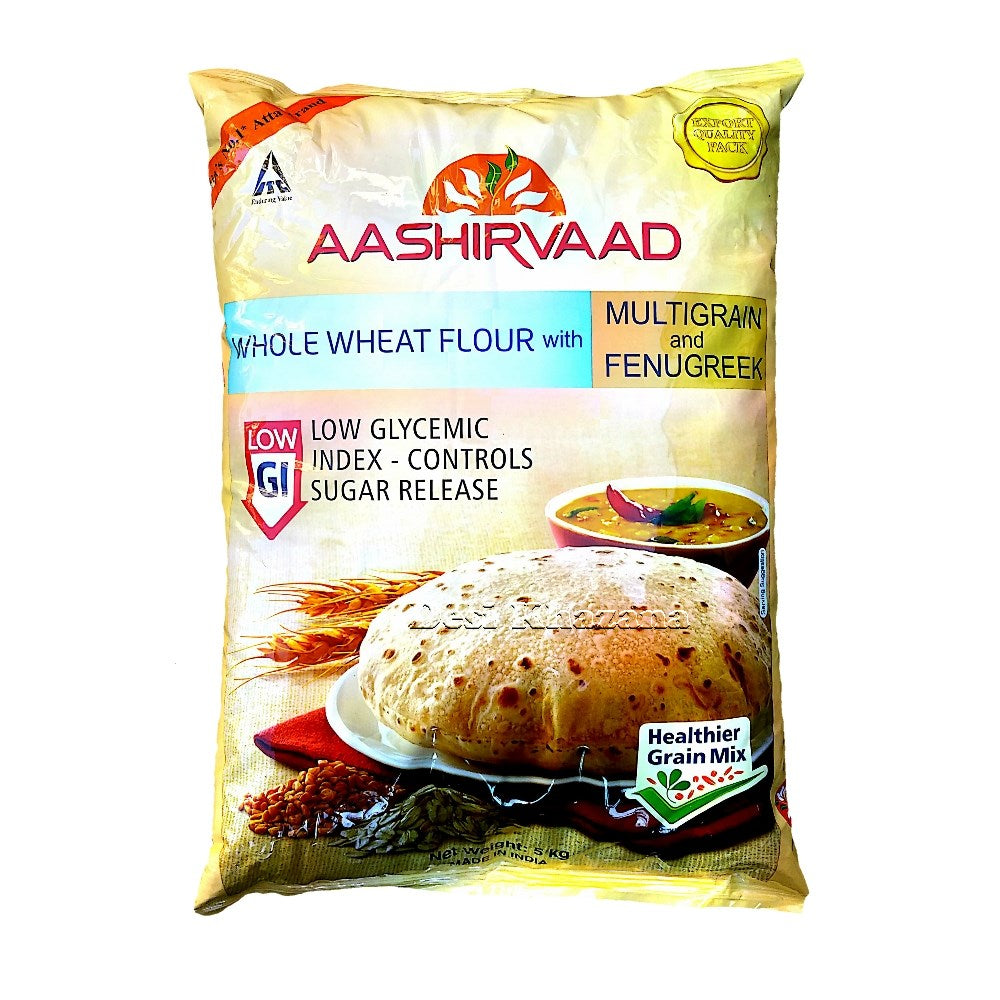 Aashirvaad Whole Wheat Atta Low GI 5 Kg - Desi Khazana